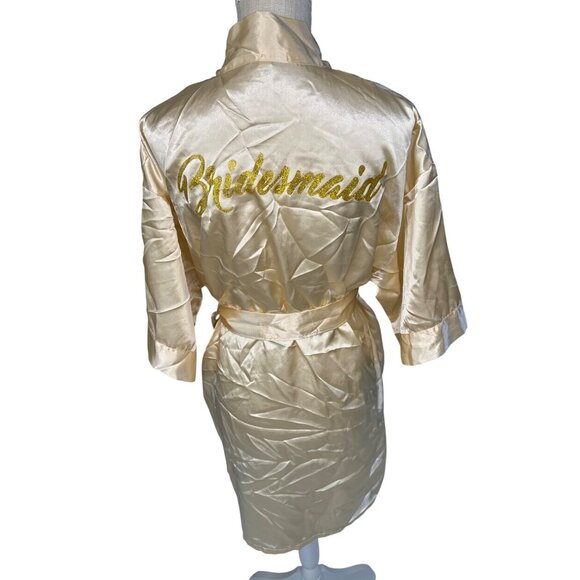 Gold Bridesmaid Satin Robe Kimono Style With Tie Belt S - Picture 4 of 6